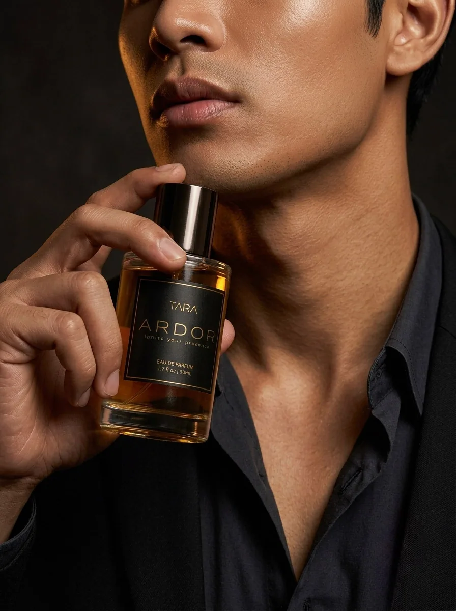 Ardor perfume bottle held by a man in dark tailoring for the TARA new launch.