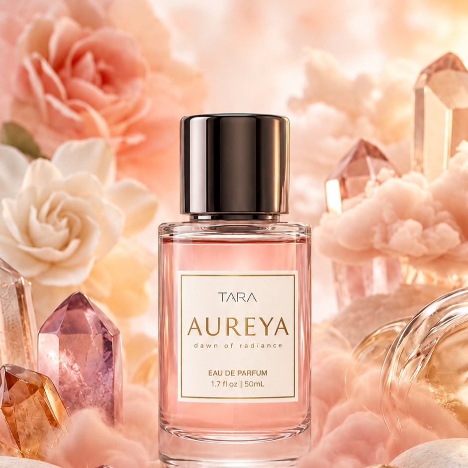 Aureya perfume bottle with an opaque cream label, blush florals, crystals, and warm dawn light.