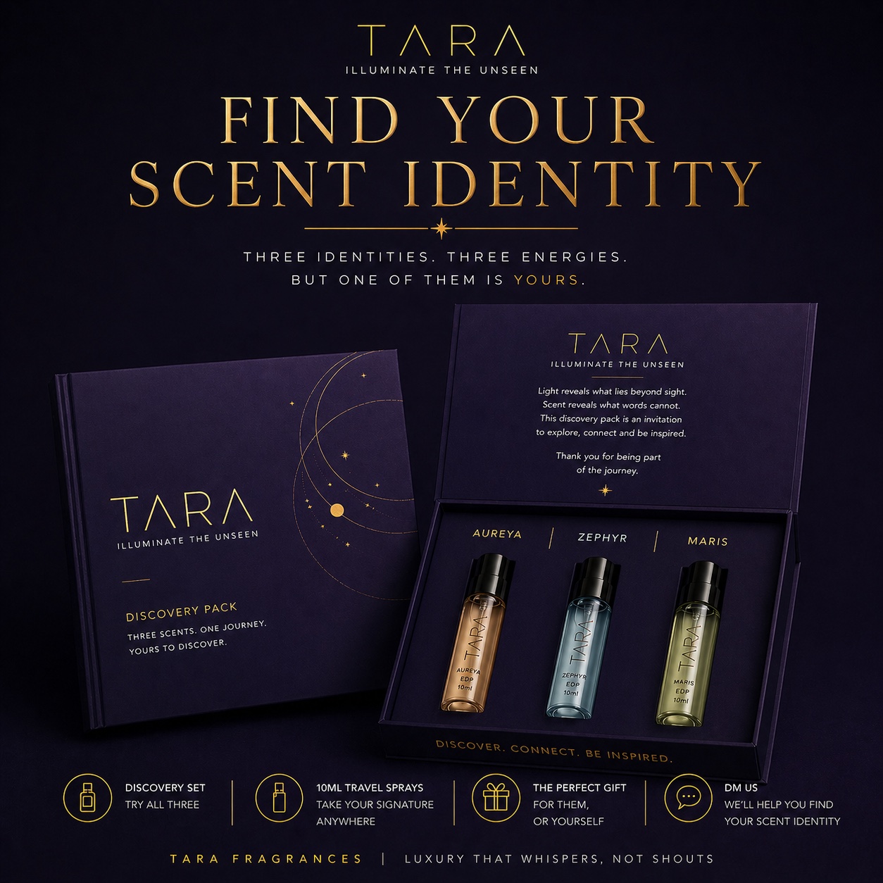 TARA Discovery Pack with three 10ml travel sprays for Aureya, Zephyr, and Maris in a dark purple luxury presentation box.