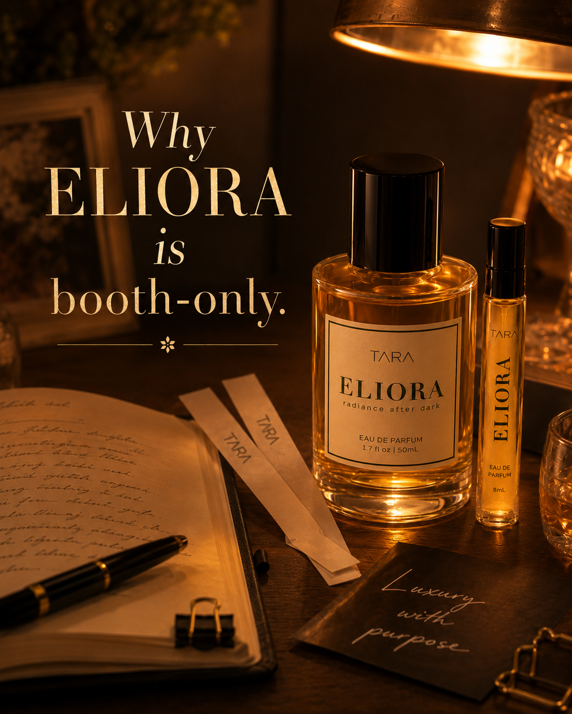 ELIORA booth-only campaign visual with 50mL and 8mL bottles in warm twilight light.