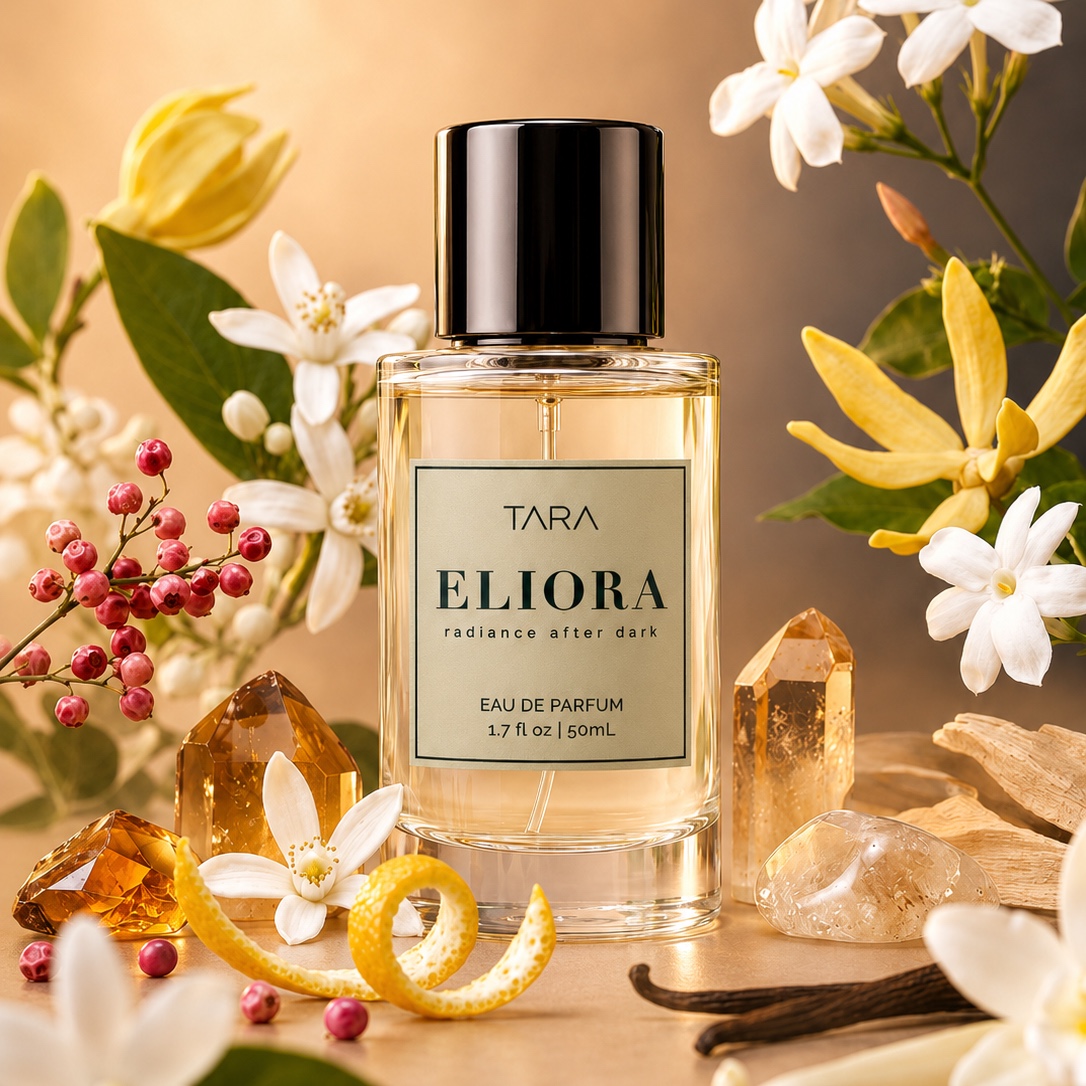 ELIORA perfume bottle with an opaque warm label in golden floral styling.