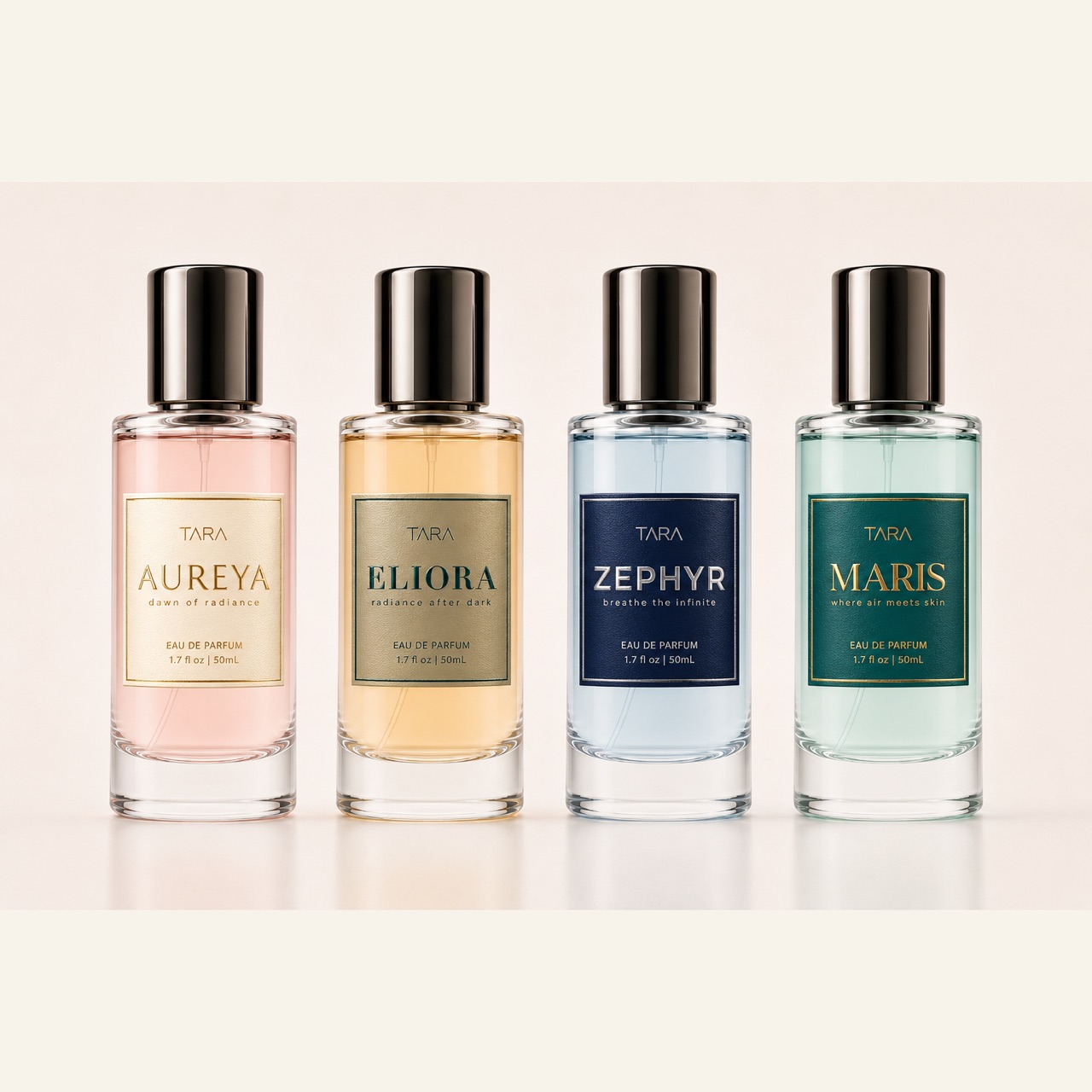Four TARA perfume bottles used for scent quiz matching and discovery guidance.