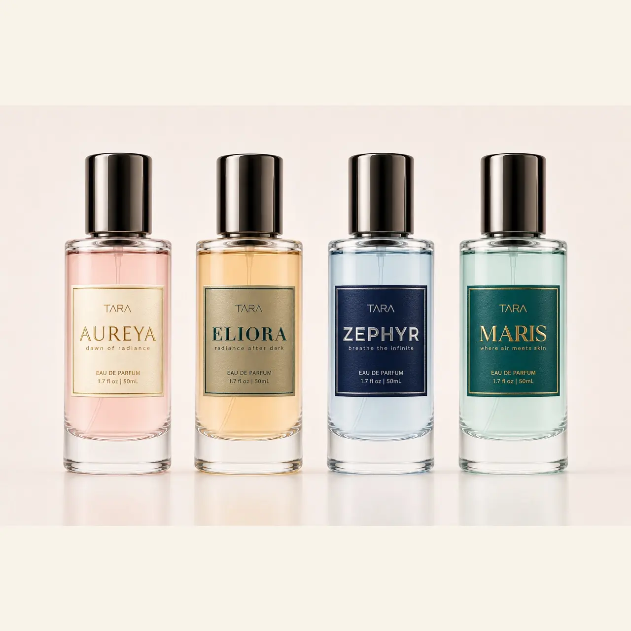 Four TARA perfume bottles for Aureya, Eliora, Zephyr, and Maris.