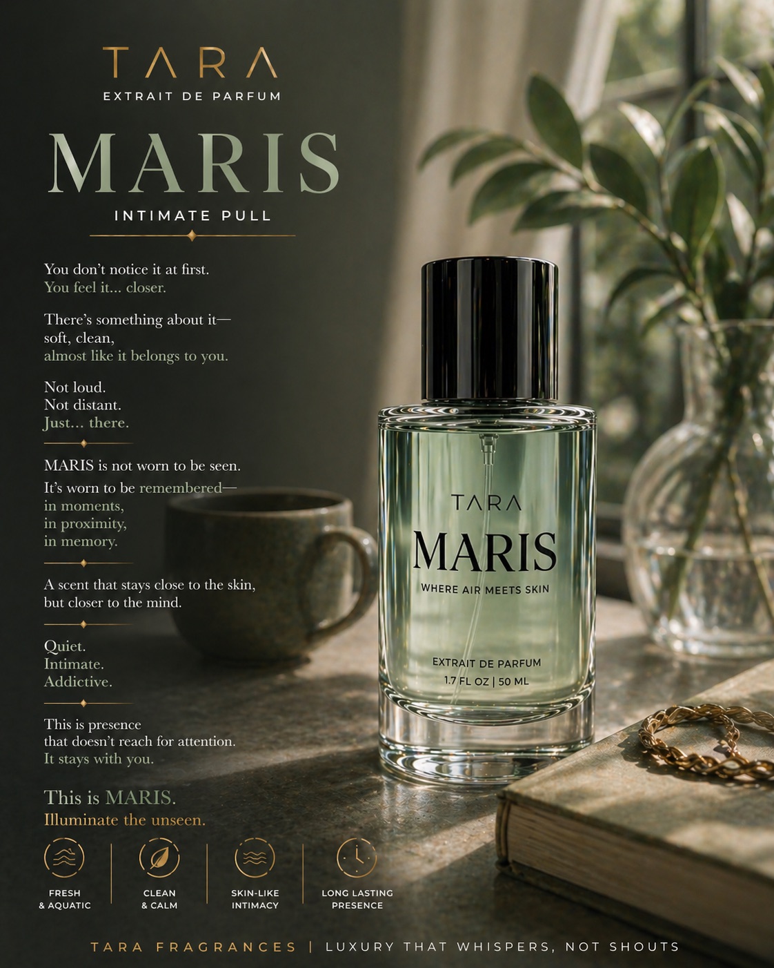 Maris Intimate Pull campaign artwork with a green fragrance bottle, clean botanicals, soft shadows, and quiet luxury styling.