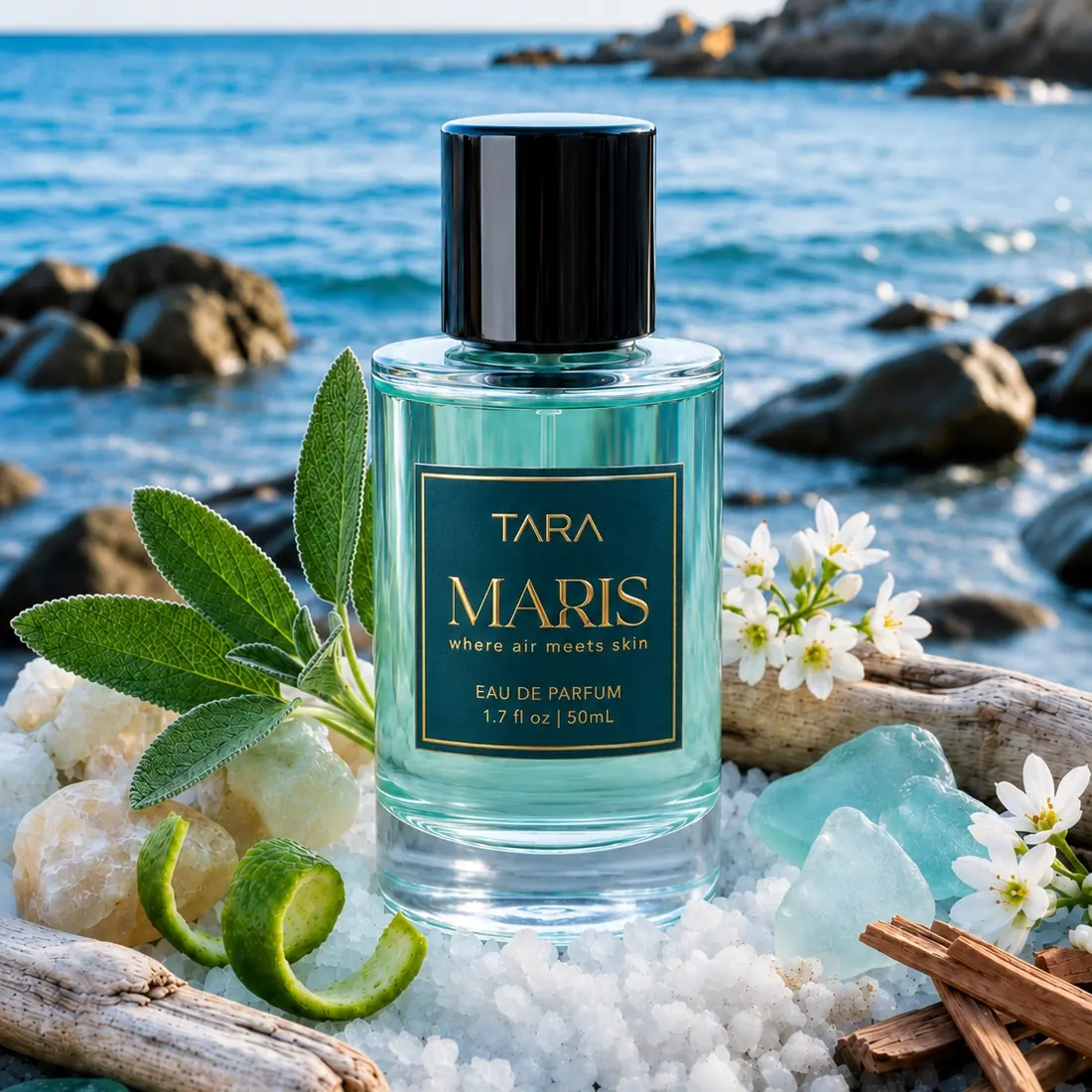 Maris perfume bottle with an opaque teal label, salt crystals, driftwood, sage, and coastal water.