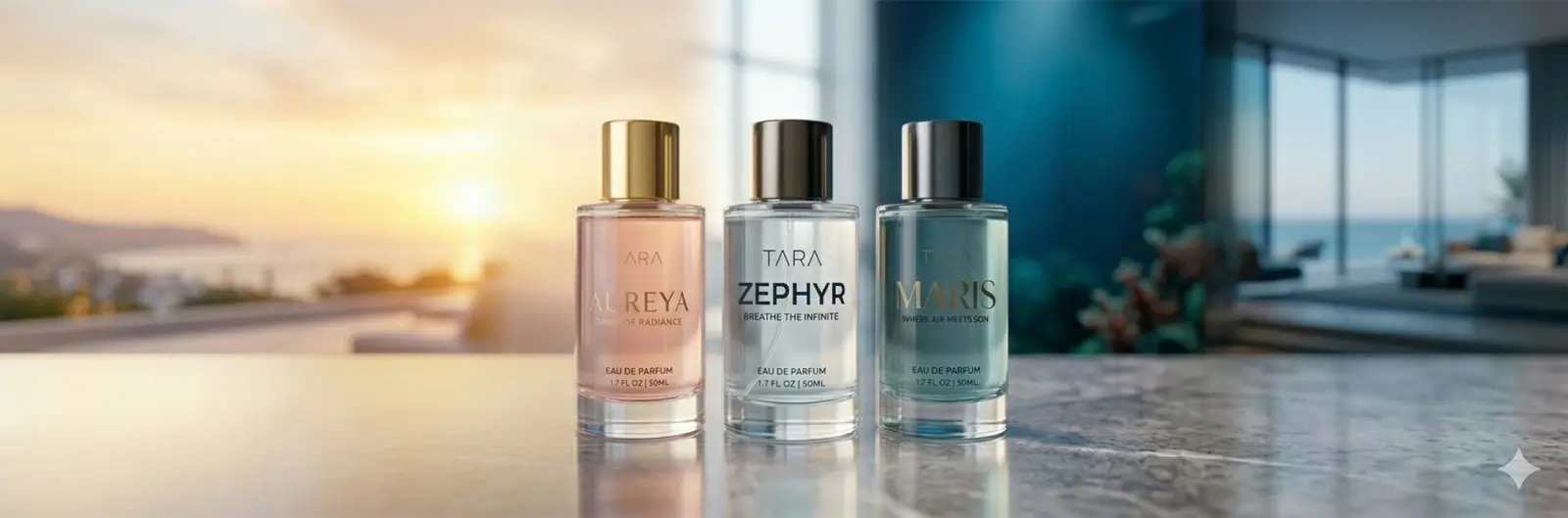 TARA fragrance bottles on a wide sunlit counter, ready for preorder.