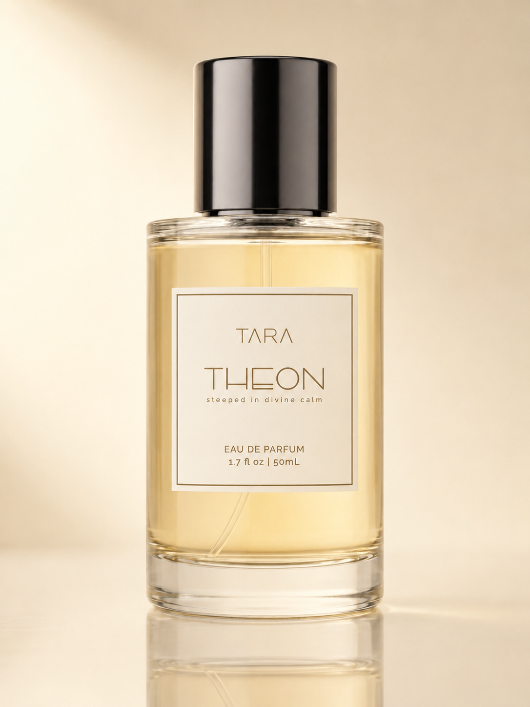 THEON perfume bottle in warm golden light for the TARA new launch.