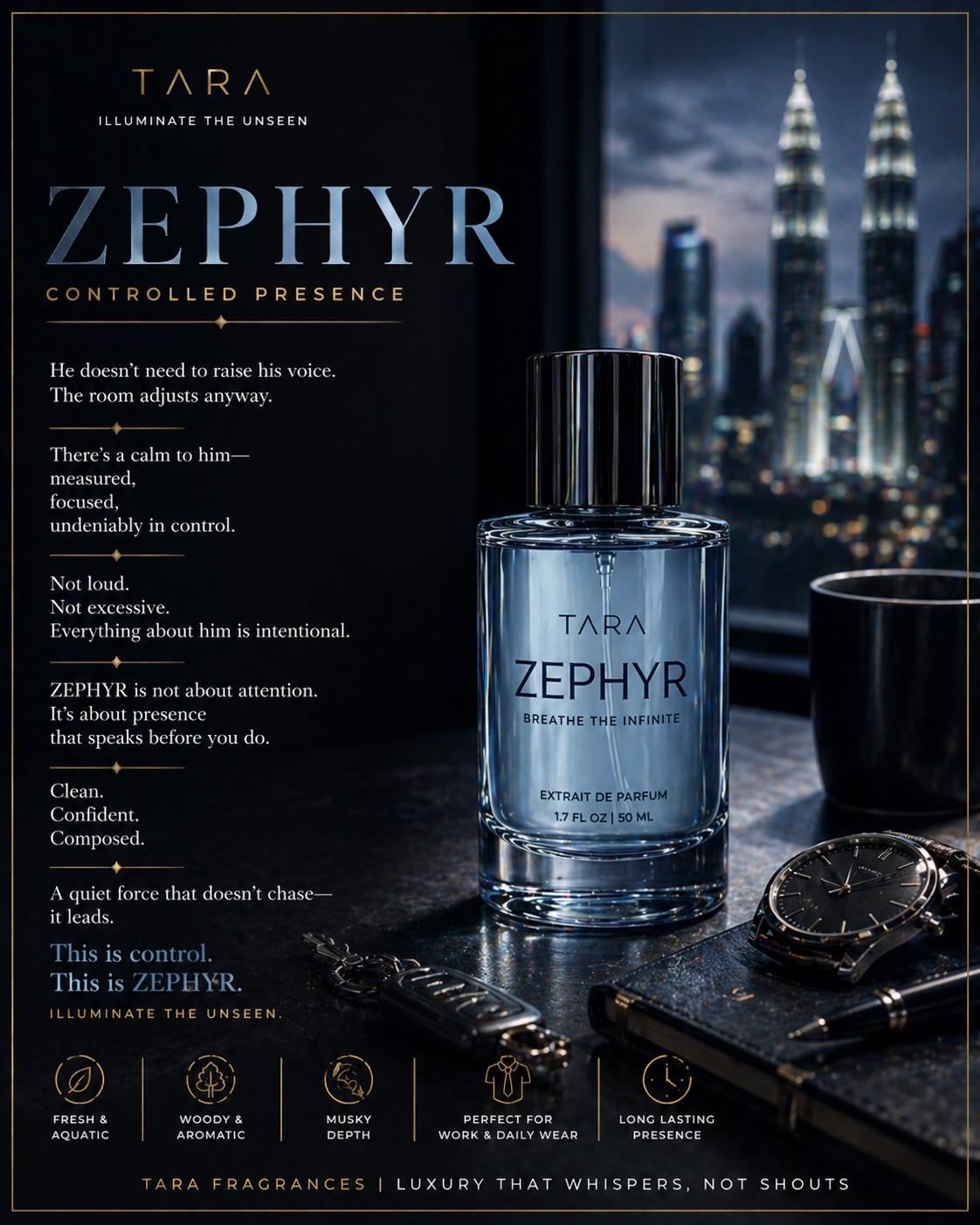 Zeus collection artwork led by Zephyr with a blue fragrance bottle, city lights, dark tailoring, and controlled masculine presence.