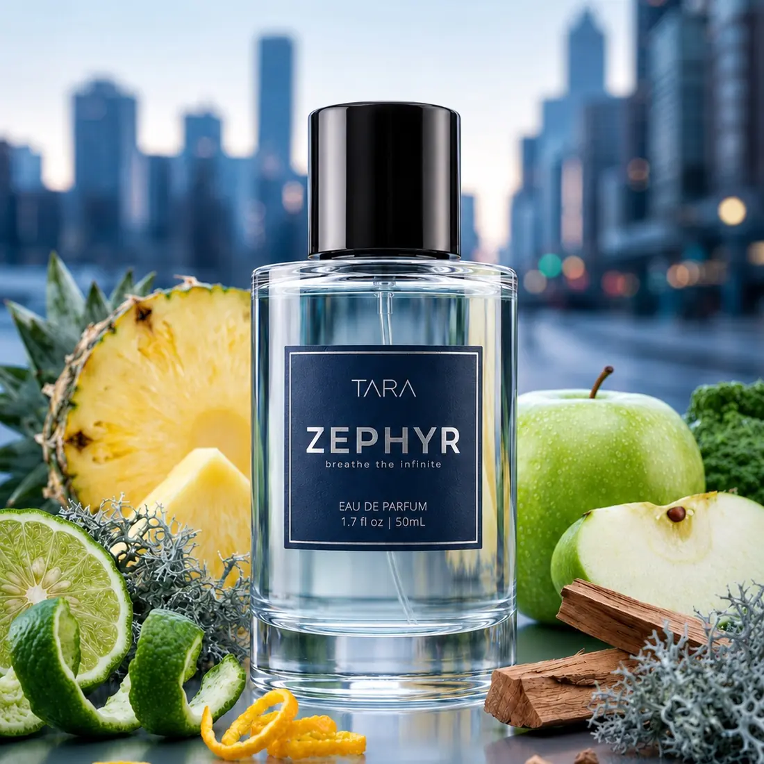 Zephyr perfume bottle with an opaque navy label, citrus notes, woods, and a cool city backdrop.