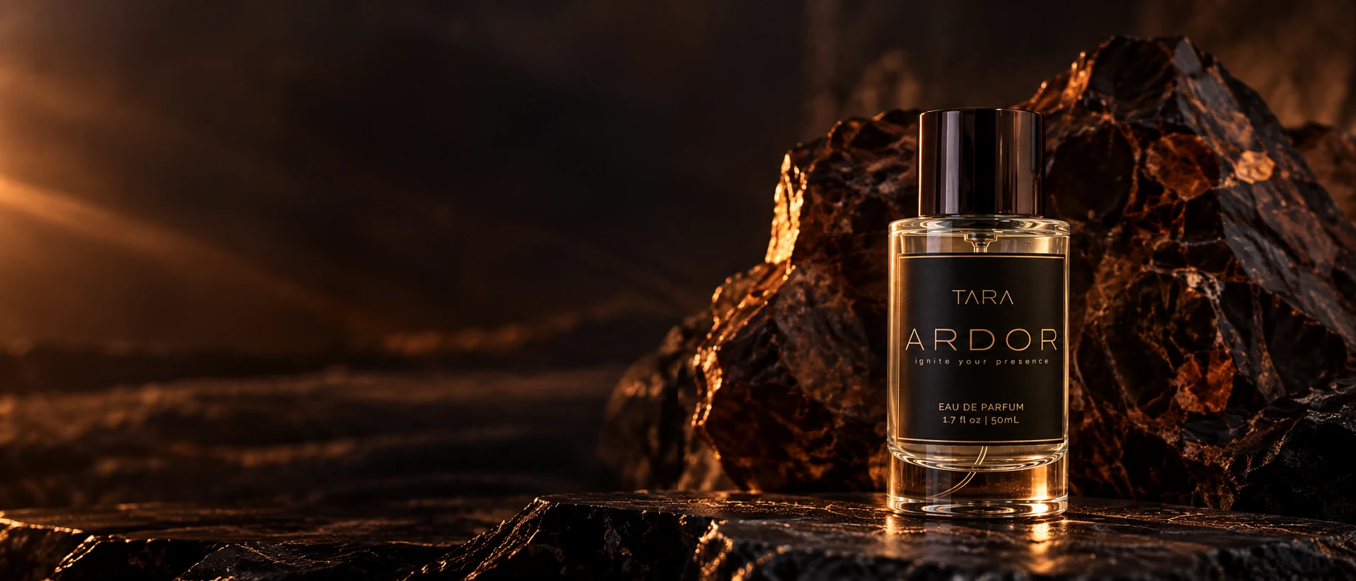 ARDOR beside raw dark stone lit by a restrained ember glow