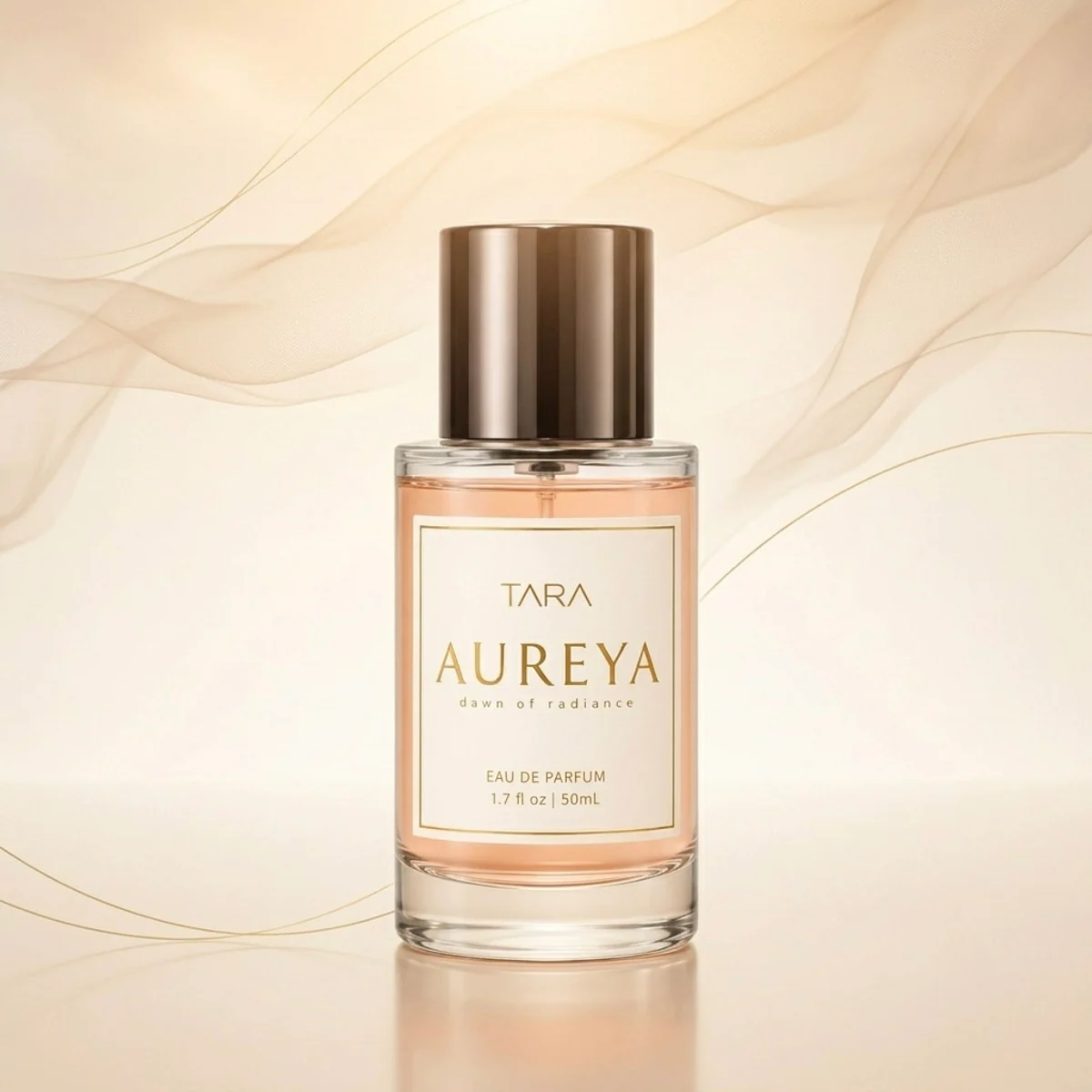 Aureya perfume bottle on an ivory silk-inspired background.