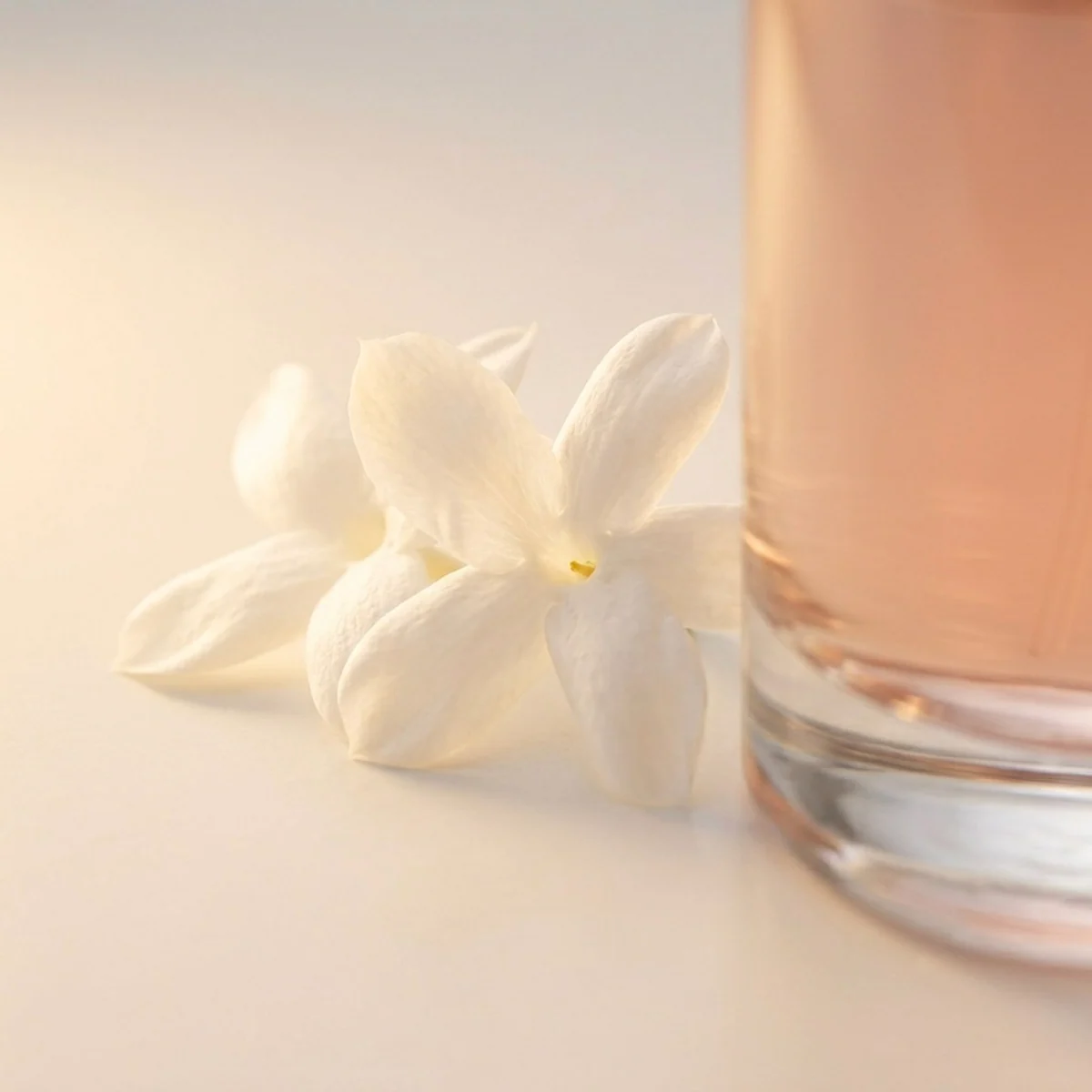 Close-up of white petals beside blush Aureya perfume liquid.