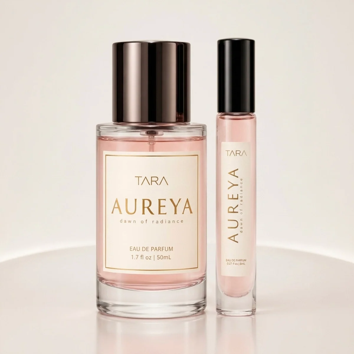 Aureya 50mL perfume bottle beside an 8mL discovery vial.