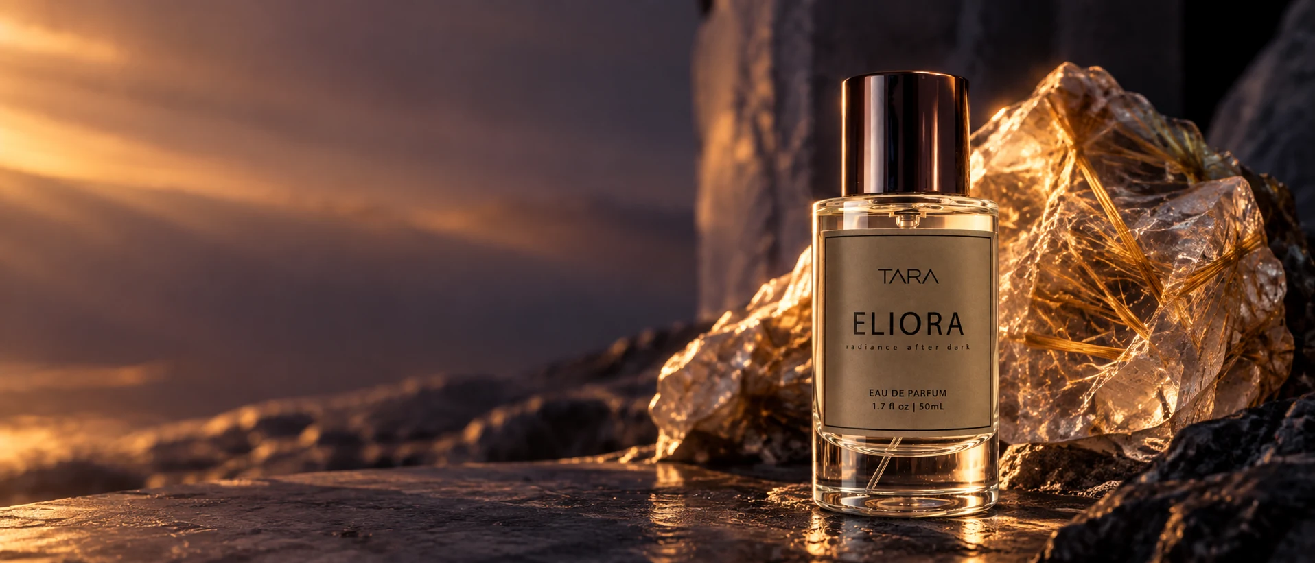ELIORA beside golden rutilated quartz in the last amber light of twilight