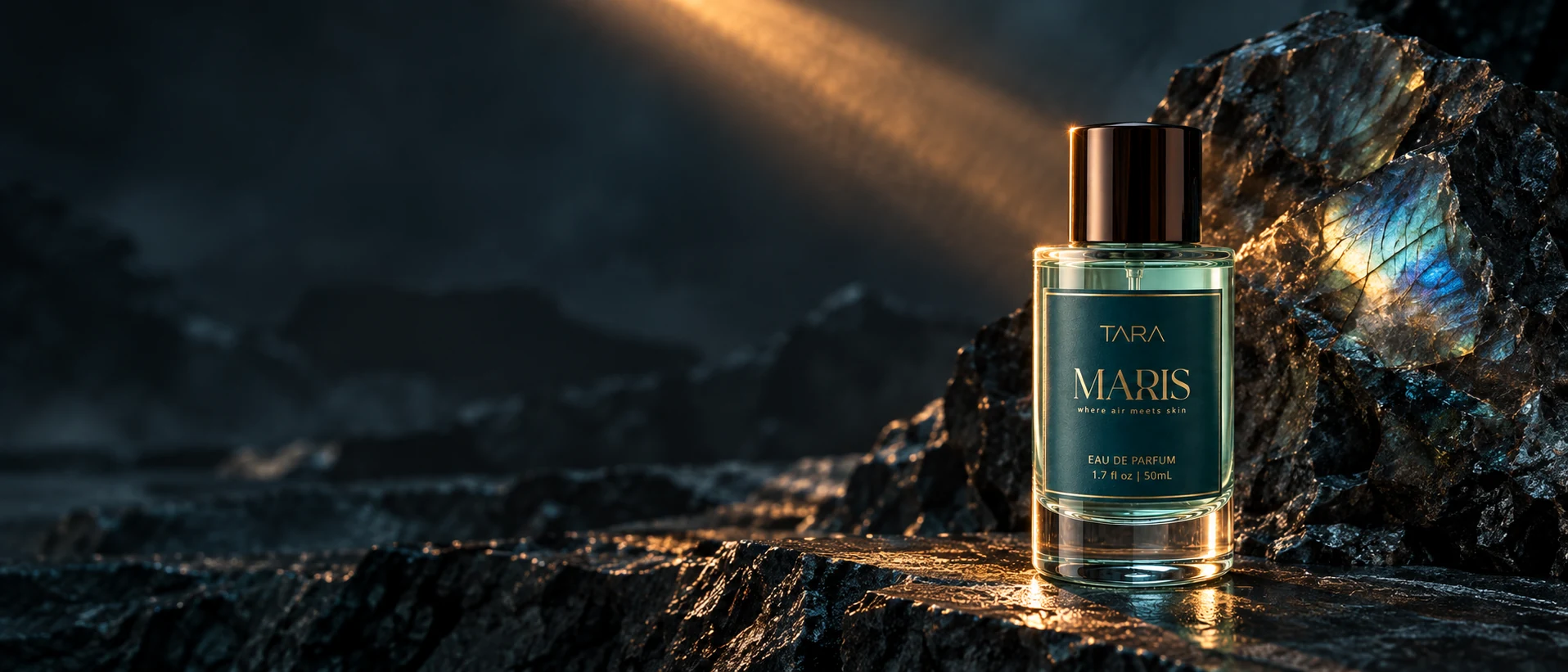 MARIS Eau de Parfum beside raw Labradorite under a narrow amber signal light