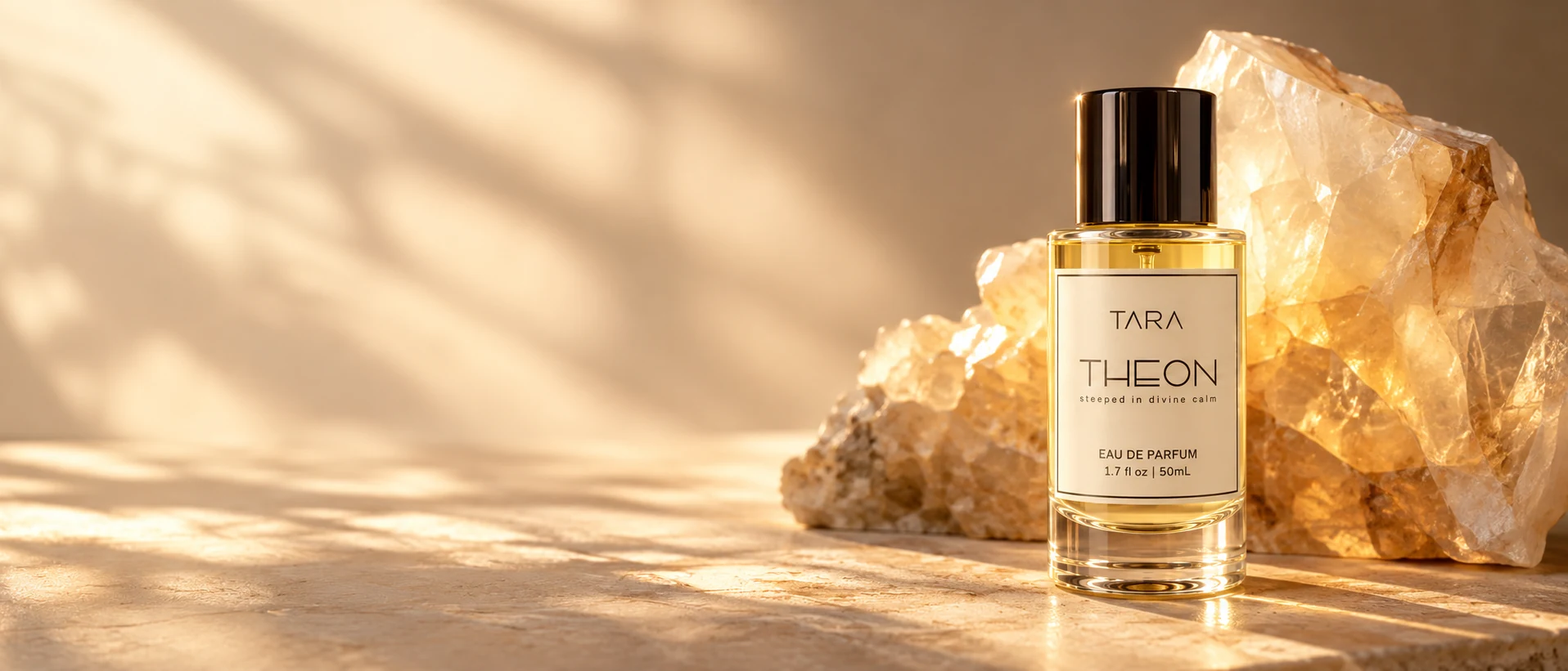THEON beside raw Golden Calcite in soft golden morning light