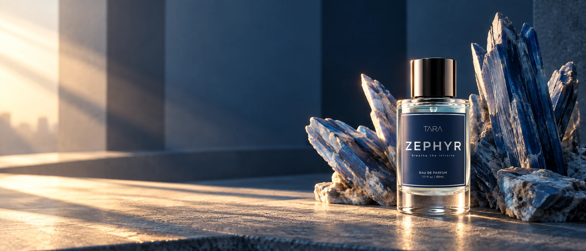 ZEPHYR Eau de Parfum with blue mineral forms in warm architectural morning light